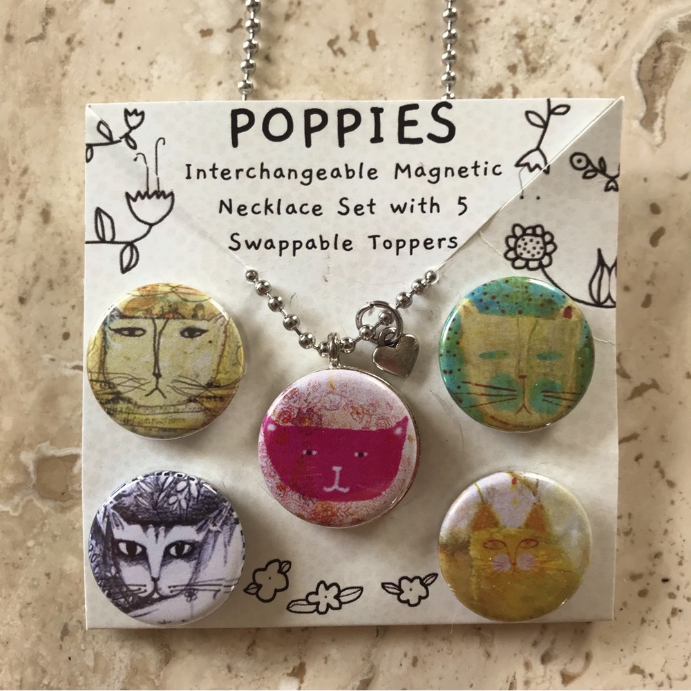 Necklace w/ 5 different cat designs, interchangeable by magnet. Never used.